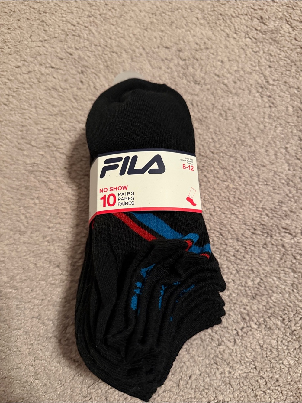 Fila Men’s No-Show Athletic Socks in Black with Blue and Red Stripes - Picture 1 of 4